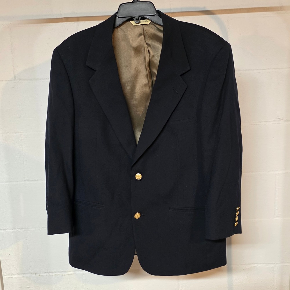 Vintage Evan Picone Navy Blue Wool Blazer Gold Crest Buttons Two Button